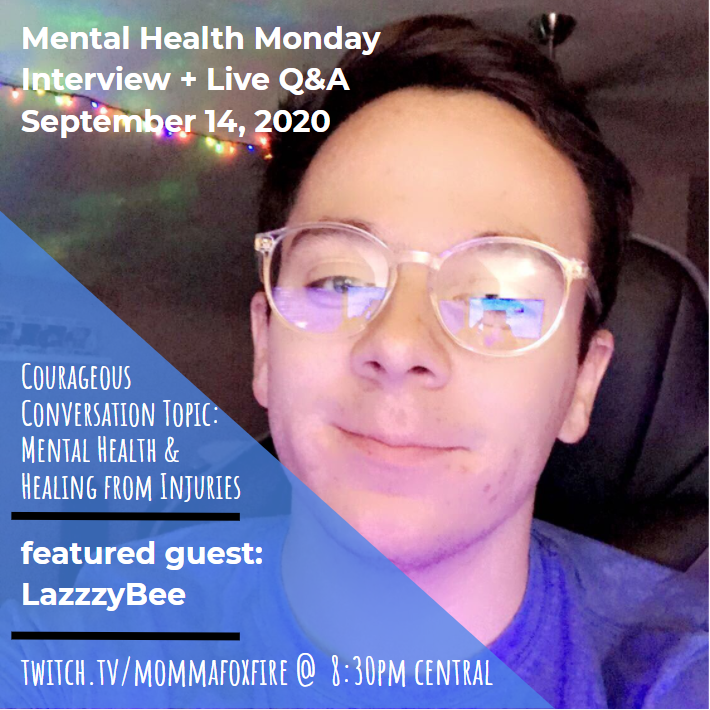 mommafoxfire's tweet photo. Really looking forward to tonight's Mental Health Monday w/ @_Lazzzybee_! We'll be talking abt healing from injuries &amp; the impacts he felt after surgeries, PLUS abt his experience being a student in the field of social work &amp; psychology!

8:30 pm central - https://t.co/yvbAIrSZrH https://t.co/xlBxtSvKHb