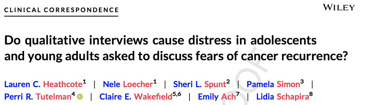 3/5 Yet, data on distress around  #qualitative  #interviews with medical pops is lacking. In our new  #PsychoOncologypaper,  #AYA  #cancersurvivors completed a validated distress screening tool before, after & 1 week after an interview on  #fearofrecurrence https://onlinelibrary.wiley.com/doi/epdf/10.1002/pon.5544