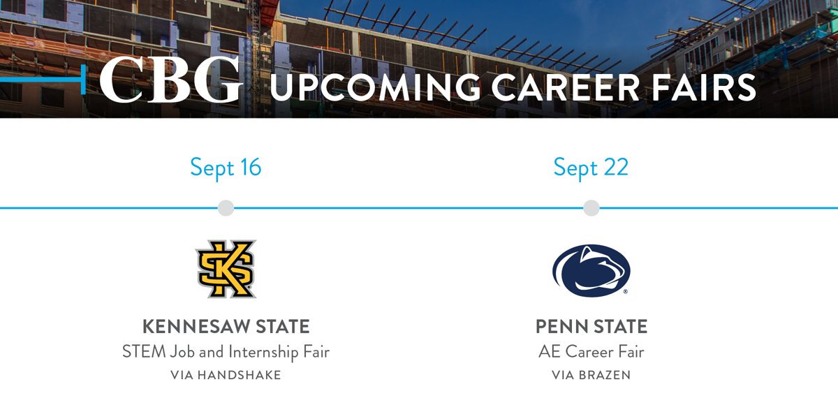 CBGBuildingCo's tweet photo. Up next our team is virtually visiting the STEM Job and Internship Fair at @kennesawstate plus the AE Career Fair at @PSU_AE. We can't wait to meet the talented students at both schools and share a little more about what makes CBG a great place to work and learn. #joinCBG https://t.co/9jkwCztGQQ