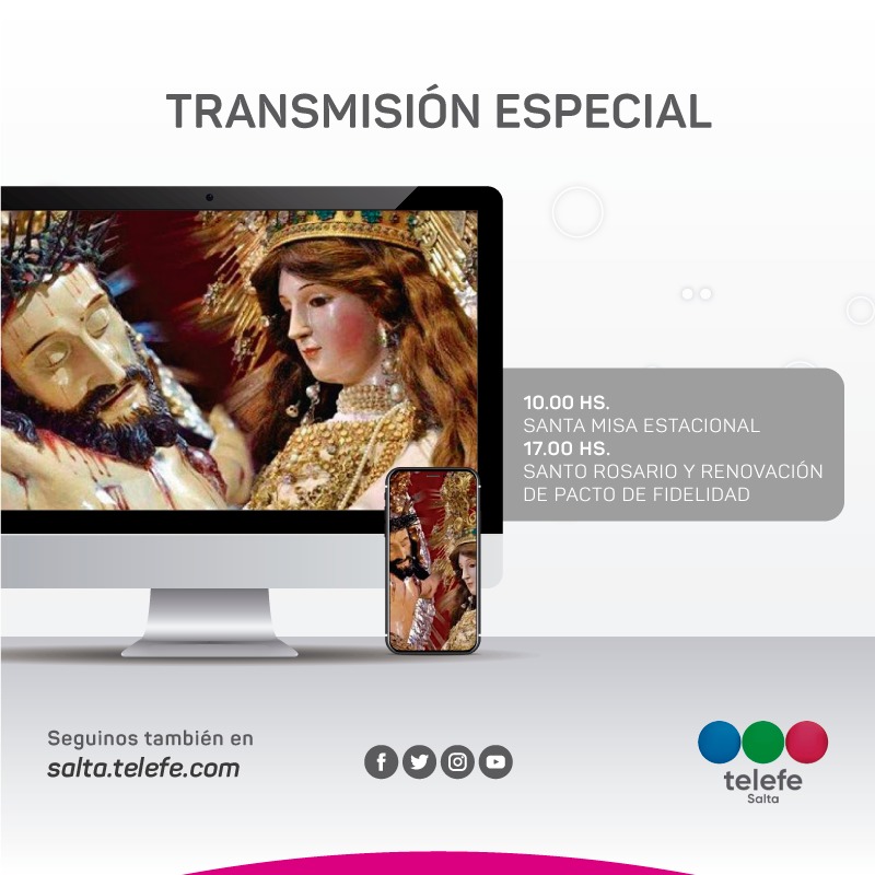 ElOnceTvSalta's tweet photo. Martes 15/9 - Transmisión especial de #TelefeSalta
Este año vamos a vivir un milagro diferente, quédate en casa, nosotros te acercamos en vivo lo más importante.
- 10 hs. Misa Estacional
- 17 hs. Santo Rosario y renovación de pacto de fidelidad https://t.co/XQ9vG4WgXt