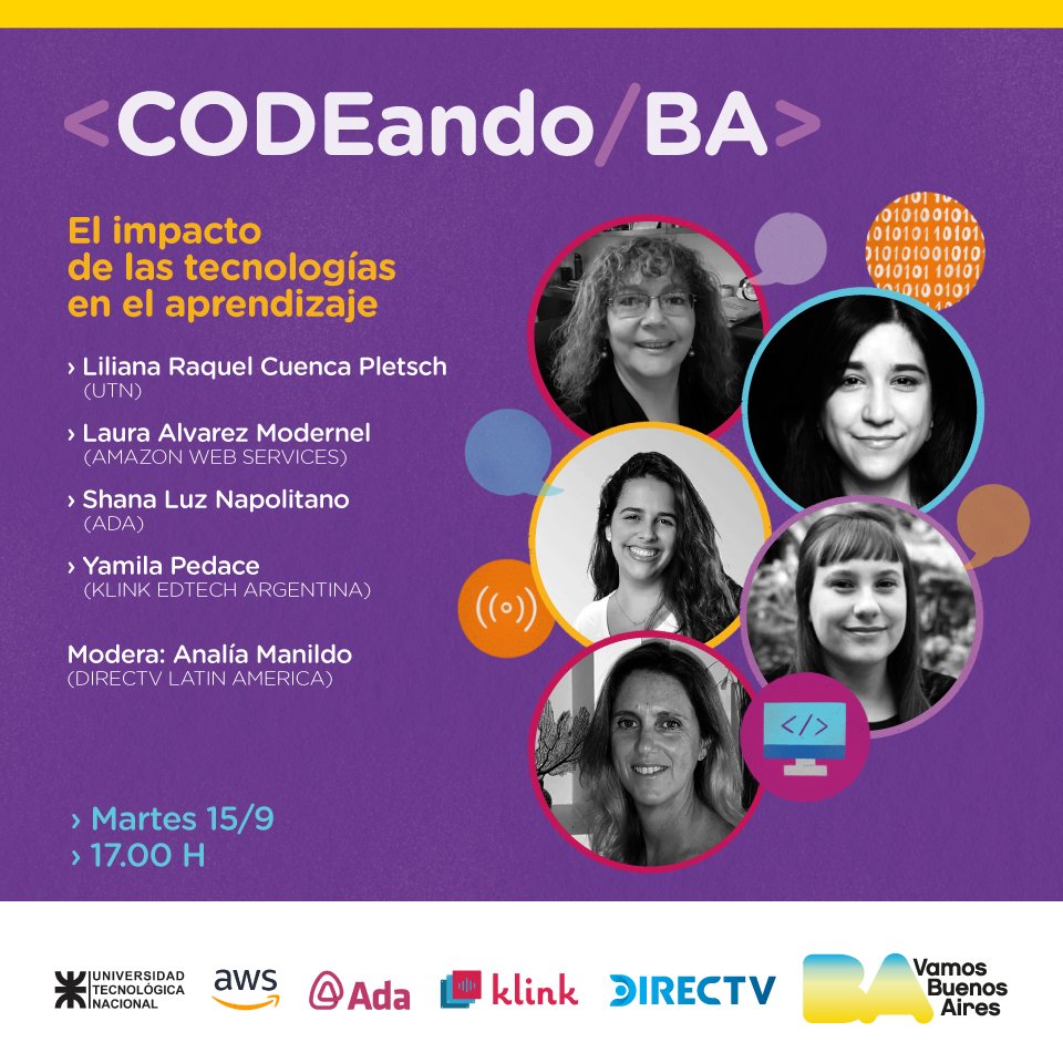 ¡Mañana a las 17 hs a través del canal de YouTube de @BAemprende! Yamila formará parte del panel "El impacto de las tecnologías en el aprendizaje". 
<a href="/BAcienciaytecno/">BA Ciencia & Tec.</a>