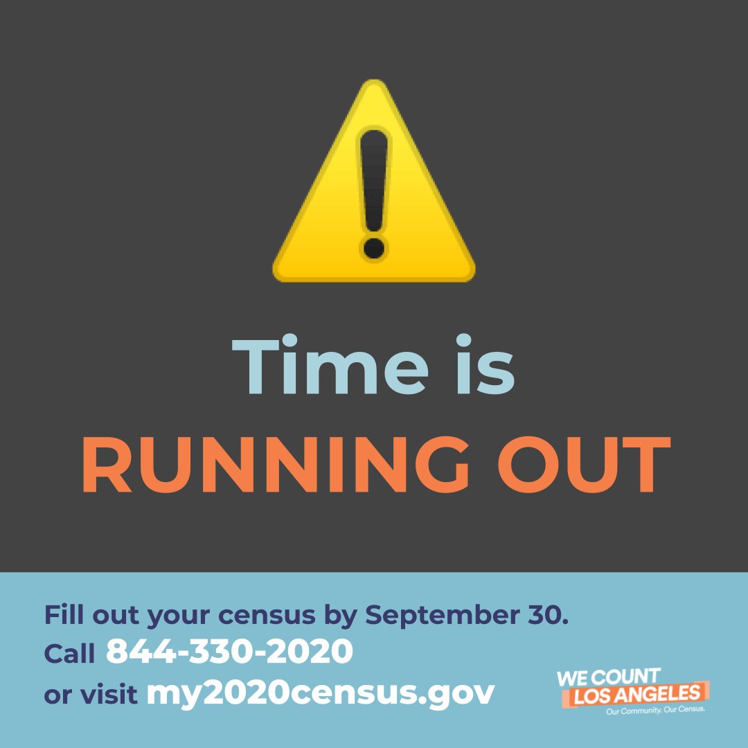 wecountLA's tweet photo. 🚨Have you filled out your #2020Census?🚨 Do you know anyone who hasn't? Take a moment to send a text or make a call, and remind your friends, family and neighbors: WE ARE 16 DAYS AWAY FROM THE CENSUS DEADLINE!  It is critical we #getcounted and ensure our voice is heard. https://t.co/rXFmLVENkb