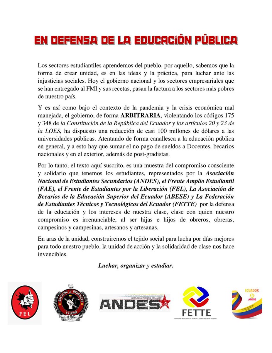 M26Ec's tweet photo. #Comunicado⚠️🇪🇨✊

En Defensa de la Educación Pública.
El día de hoy distintas organizaciones nos dimos cita para rechazar el recorte presupuestario a la Educación impuesta por el gobierno neoliberal de Moreno.

Con el pueblo... a la carga!
#NoAlRecorte https://t.co/RvUBkLLAkg