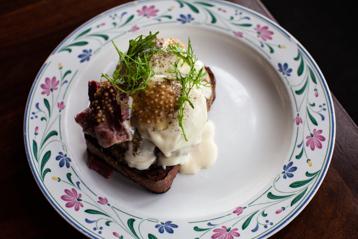 Beef Brisket &amp; Eggs, sourdough, cheese fondue, caraway mustard.  Now on our brunch menu.

#wolfinthefog #tofino #brunch