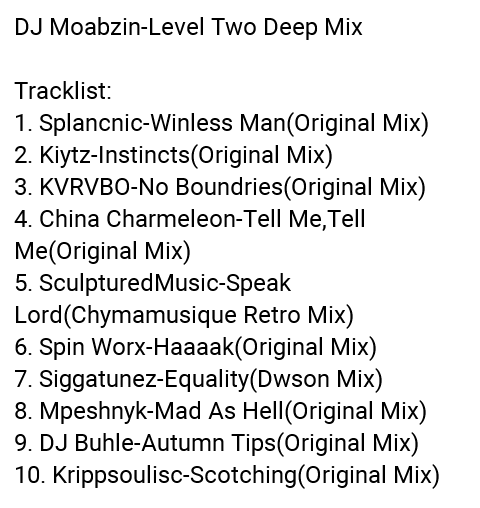 DJMOABZIN_EB's tweet photo. DJ Moabzin-Level Two Deep Mix with music by:
@Splancnic1 @Kiytz_ @KVRVBO_Official @CharmeleonChina @Chymamusique @SpinWorxReal @Dwsonofficial @mpeshnyk40 @DJ_Buhle @krippsoulisc
Link:
https://t.co/pmcO9cL4rm
#DeepHouseIsLife
#IsolationMixes https://t.co/6HA1pdV8NG