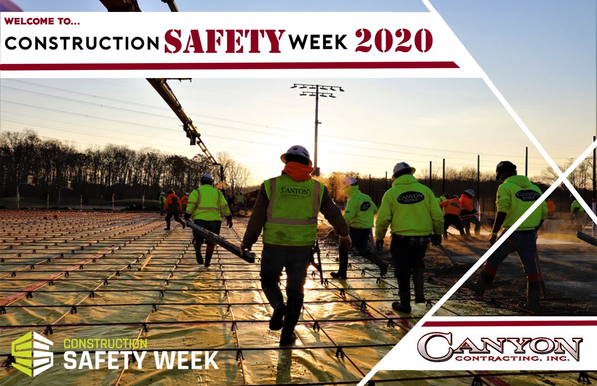 CanyonContract's tweet photo. Today marks the first day of Construction Safety Week 2020! This week, everyone spotlights the most important part of our job! Please join us in celebrating our dedication and commitment to safety!🦺 👷‍♀️👷  #TheCanyonWay #ConstructionSafetyWeek #SafeByChoice #SafetyFirst https://t.co/jJeFaz6hAu