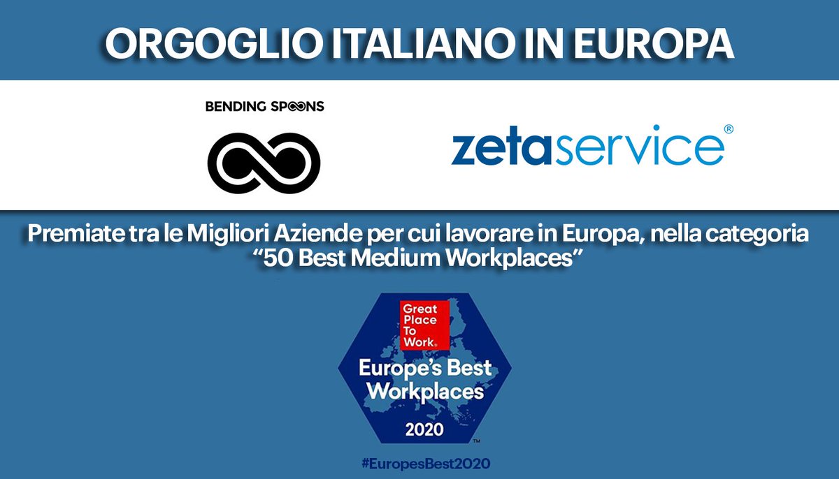 GPTWItalia's tweet photo. Un applauso a #ZetaService e #BendingSpoons che, per il secondo anno consecutivo, si sono distinte tra le #MiglioriAziende per cui lavorare in Europa, nella categoria “50 Best Medium Workplaces”.

#EuropesBest2020 @zs_zetaservice #classifica #greatworkplace @bendingspoons https://t.co/aNDT5XFtAY