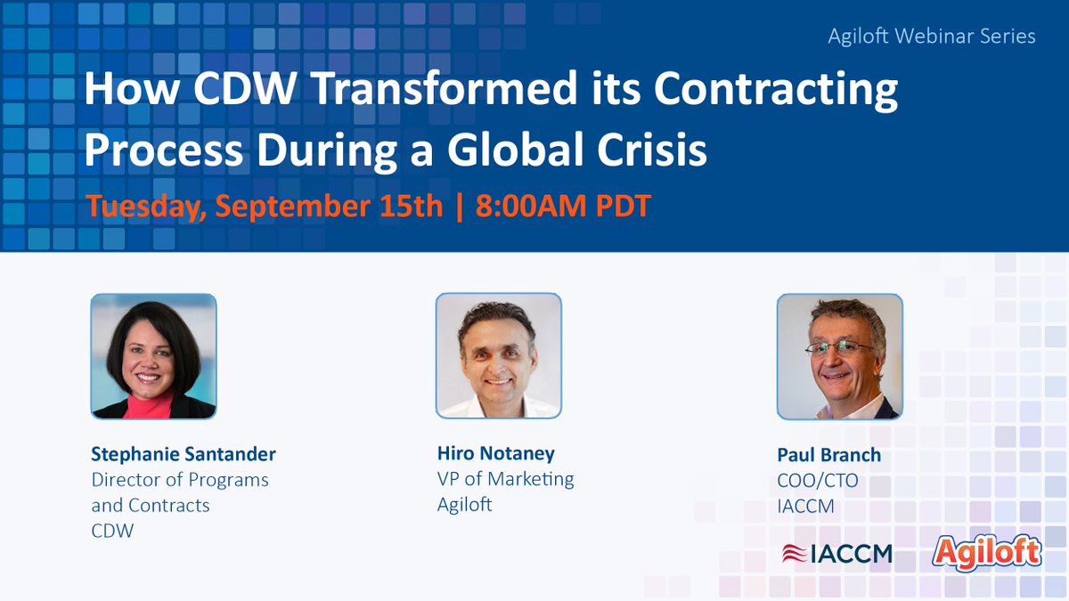 Agiloft's tweet photo. Join us tomorrow at 8AM PDT for a discussion with #IACCM (now @worldcc_) on how @CDWCorp transformed its #ContractLifecycleManagement while #workingfromhome during a global crisis. Sign up here: https://t.co/HZkezBidQf #contracts #clm #risk #automation #legaltech #salesops https://t.co/duwSsSvg2i