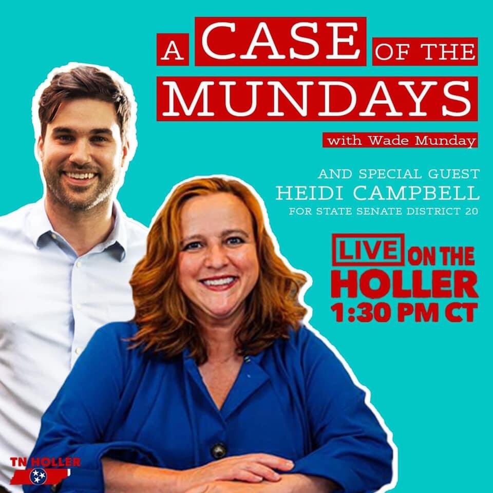 Excited to join The Tennessee Holler’s Wade Munday on #ACaseOfTheMundays LIVE on Twitter and Facebook at 1:30 pm CT to talk about my run for State Senate District 20 against @stevedickerson who recently settled a Medicare/TennCare scheme that stole $25 million from taxpayers.
