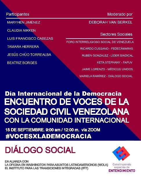 promedehum's tweet photo. #DialogoSocial, en alianza con #WOLA y el #IFIT te invita a participar en el Encuentro de Voces de la Sociedad Civil Venezolana con la Comunidad Internacional. Mañana #15Sept Día Internacional de la Democracia de 9 a.m. a 12 m. https://t.co/IERivi10Xo #VocesXLaDemocracia https://t.co/4L1BRtfSDo
