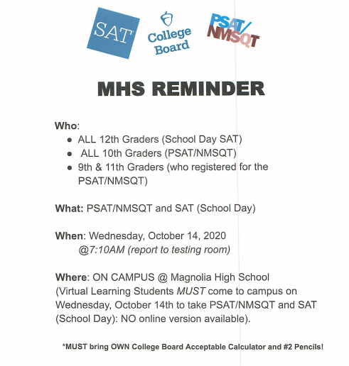 MagnoliaHighTX's tweet photo. Hey Bulldogs! See below for a SAT/PSAT reminder. Please visit the school website for more information. Go Dogs!
#ALLINMHS #LoveServeCare https://t.co/PCf8RlNf7r