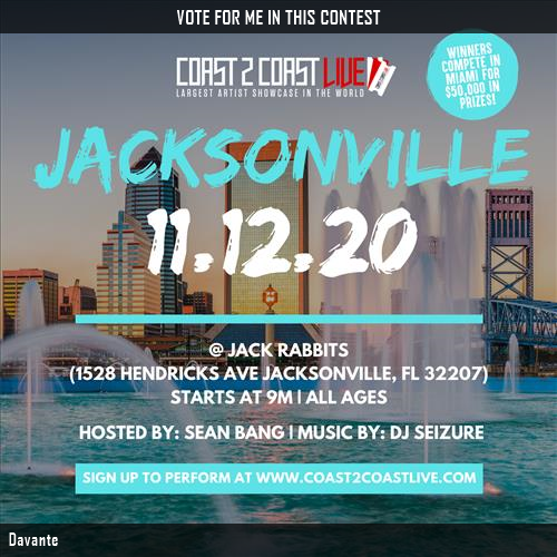 brwn_eyed's tweet photo. Just voted for Davante to perform for $50K Prize at #Jacksonville All Ages Edition 11/12/20! https://t.co/aiKcehdQ5O #Coast2Coast https://t.co/CoQpnhQtpO