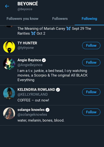 beyonce only follows 10 people on twitter and solange is one of them
