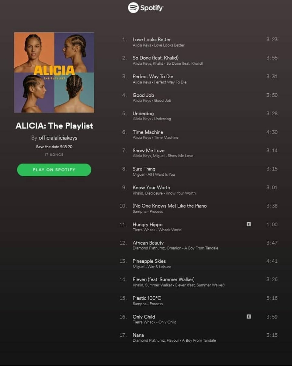 diamondplatnumz's tweet photo. The Queen has special Spotify Playlist for you.... 👑 @aliciakeys 👑 https://t.co/dbE5M0N9Ka