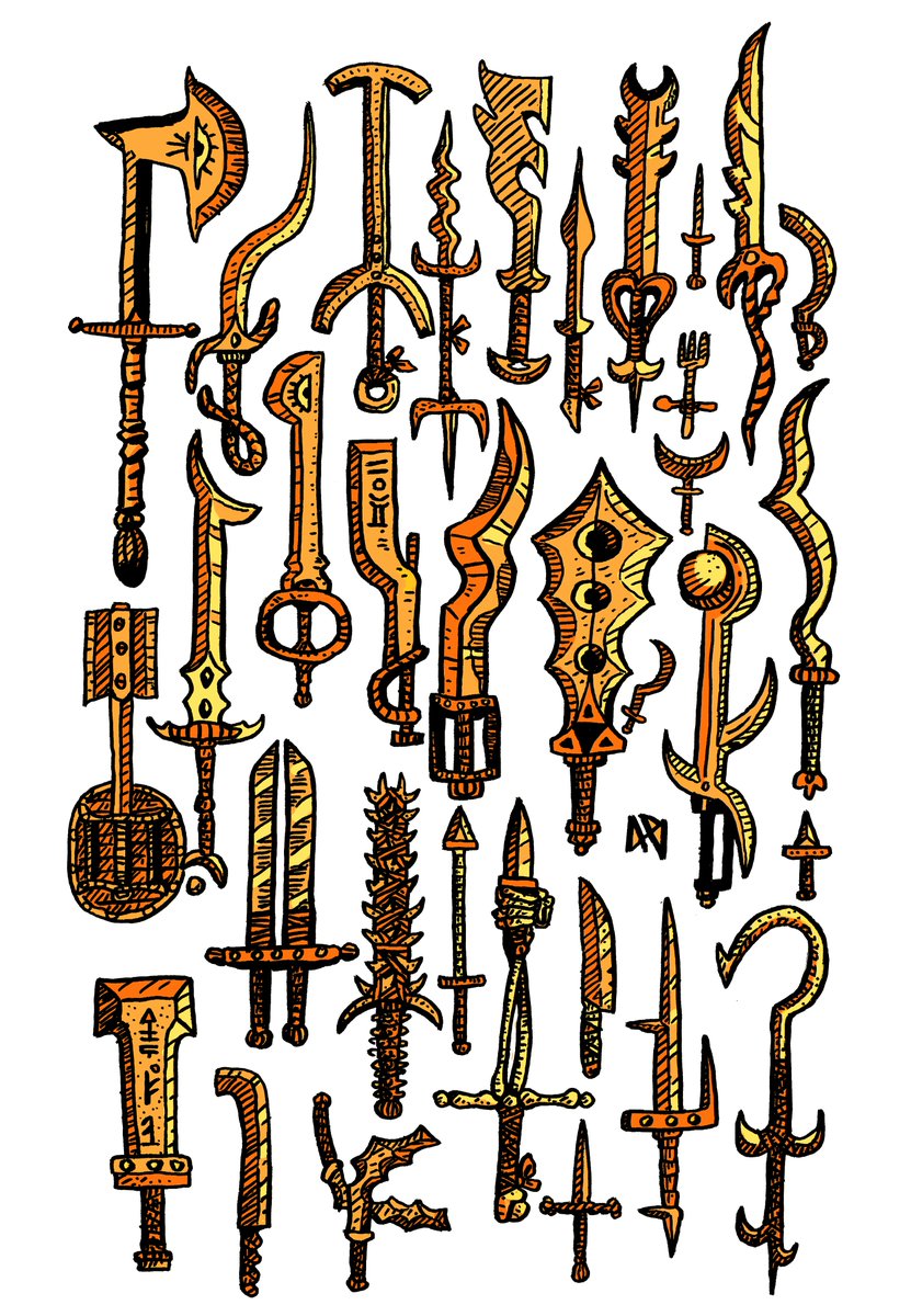 GnarledMonster's tweet photo. Have my crazy swords now in yellows, reds and greens ⚔️ #Swordtember #swordtember2020 #sketchbook #brushpen #freehanddrawings https://t.co/JQif1LYJld