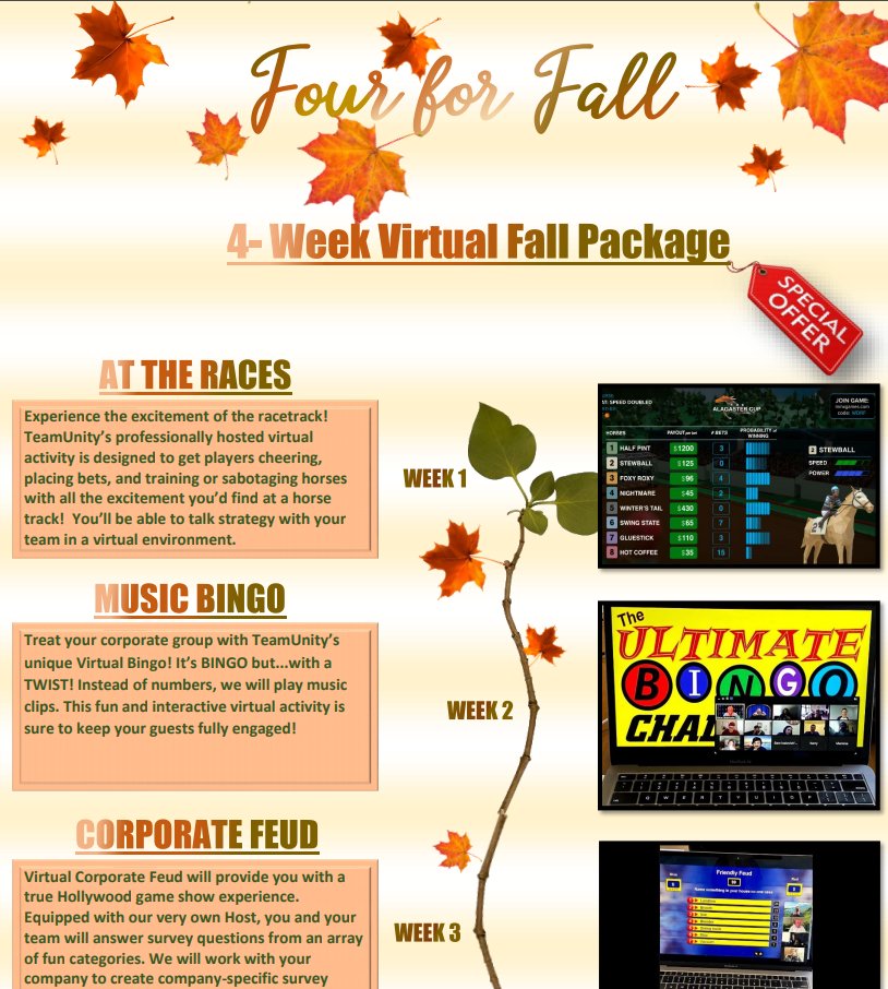 TeamUnity2's tweet image. Fall Savings- Virtual Activity Package For Your Team! Visit us: teamunity.co
Check out our 4-week Fall Virtual Activity Package here: 
drive.google.com/file/d/10tH-V7…