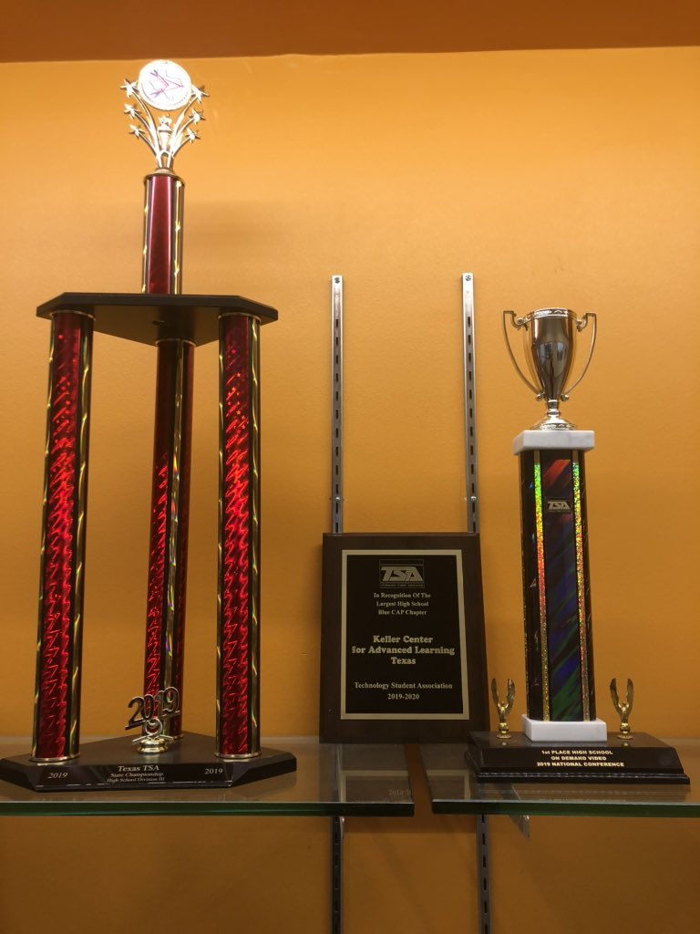 Taylor_CTE's tweet photo. @kcaltsa has been competing in @NationalTSA for 2 years. Today we got our plaque for the highest number of affiliated TSA members in the entire country. Fits nicely between our State Championship trophy &amp; National Championship (On-Demand video) trophy. @KellerISD_CTE @KCAL_KISD https://t.co/9zhib9I8jH