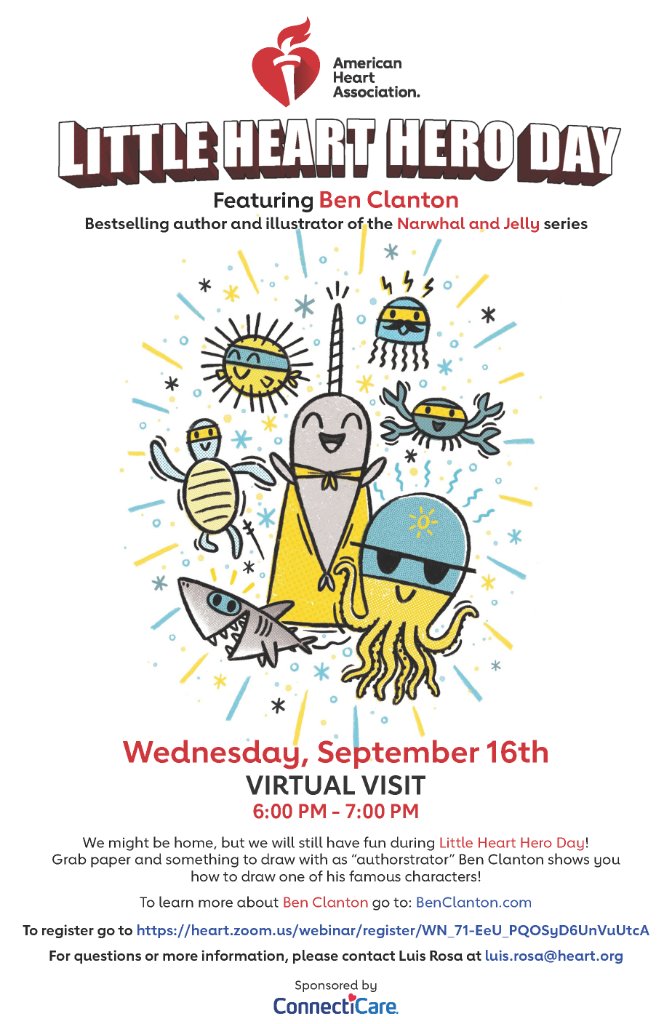 HeartCONN's tweet photo. It's not too late to join this year's Little Heart Hero Day digital experience! Join us this Wednesday as well-known "authorstrator" Ben Clanton @Clantoons shows us how to draw his beloved characters, Narwhal and Jelly!  Register today -it's FREE! #CHDKids https://t.co/vxyXxXOhPn https://t.co/7ueE70g3d7