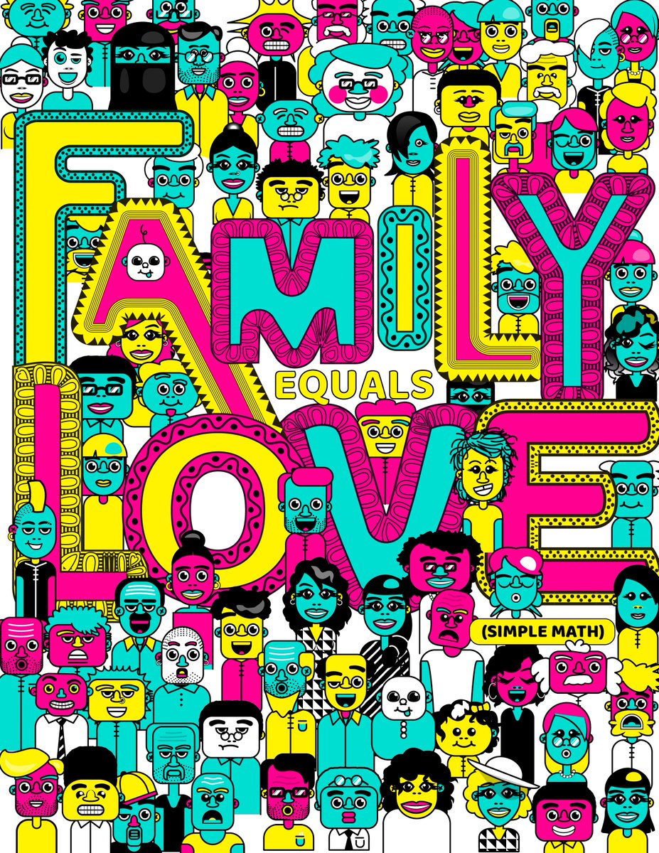"Family equals Love" surrounded with sketched characters. The coloring page is filled with yellow, light blue, and pink.