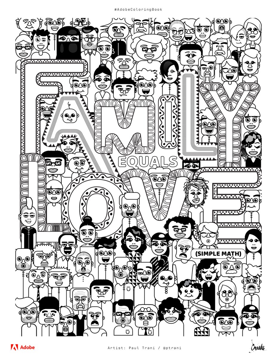 An unfilled coloring page from the Family chapter. "Family equals Love" surrounded with various sketched characters.