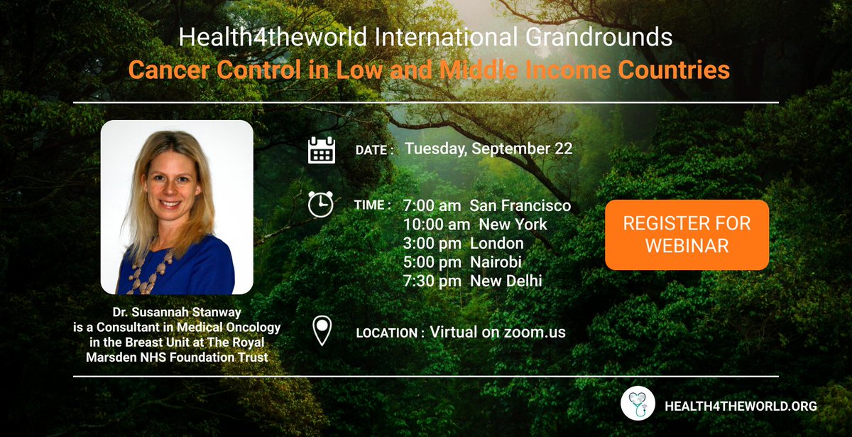 Looking forward to #Health4theWorld's Grandrounds on Cancer Control in Low and Middle Income Countries with acclaimed speaker @SusannahStanwa1. Join us on Tuesday, September 22nd at 7AM (PST). Register: buff.ly/2Dug7ng #MedEd #Oncology #Cancer