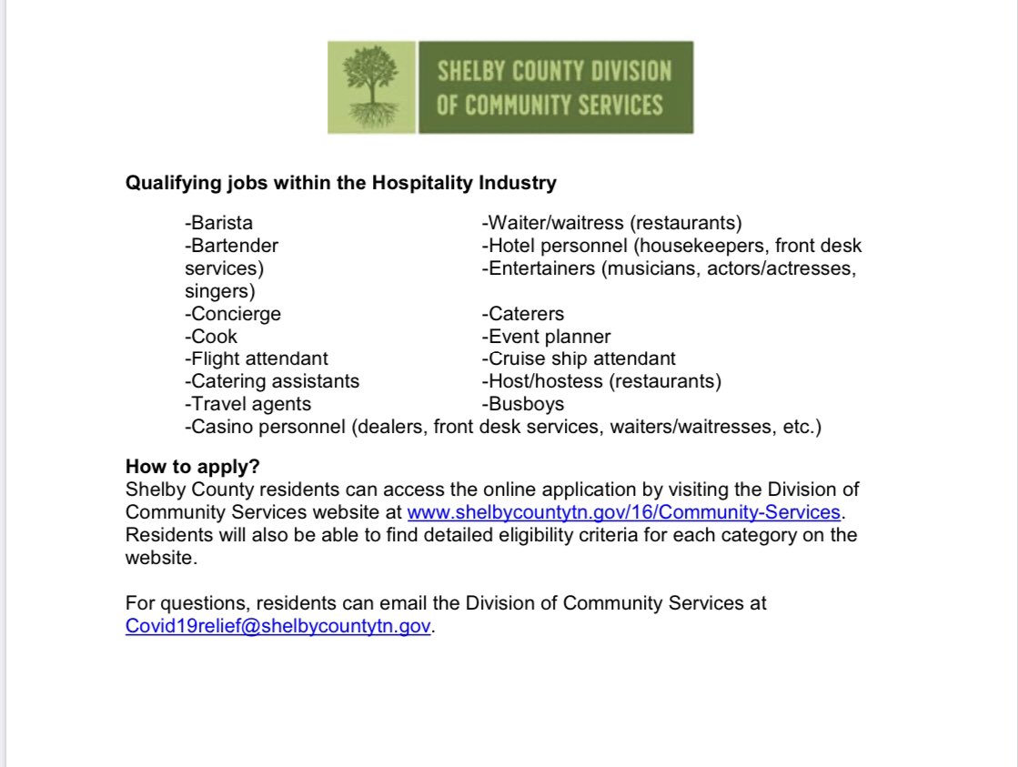 round 2 of the COVID-19 Resident Relief Fund Program is open. Applications  accepted online and only for residents in hospitality and airline industry. 

If you received assistance in round 1 in April, you arent eligible. 

Apply at: shelbycountytn.gov/3646/COVID-19-…