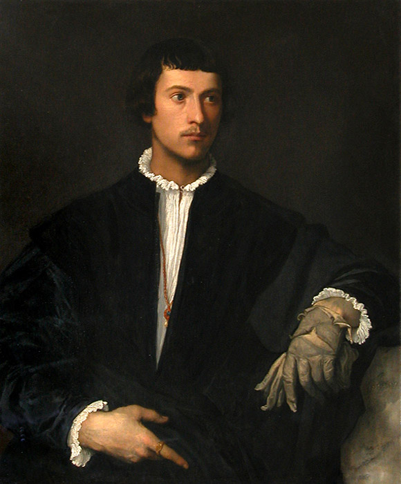 Look at paintings enough, and you start to develop a sense for things. This Titian portrait is def on the literal side of things, that's a very specific young man--but wait, those gloves represent something about this man's, and a man's, relationship to the outside world.(3/)
