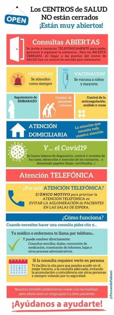 MedicosBurgos's tweet photo. Recordad que los #centrosdesalud 🏥 no están cerrados. 
Nos lo resumen en esta infografía 👇👇👇
➡ Se atienden urgencias 
➡ Se vacuna 💉 a niños y mayores 👶👴👵
➡ Control de pacientes crónicos, embarazadas, pediatras 
➡ Control casos #Covid19 🧫 https://t.co/KxDW0nFqXt