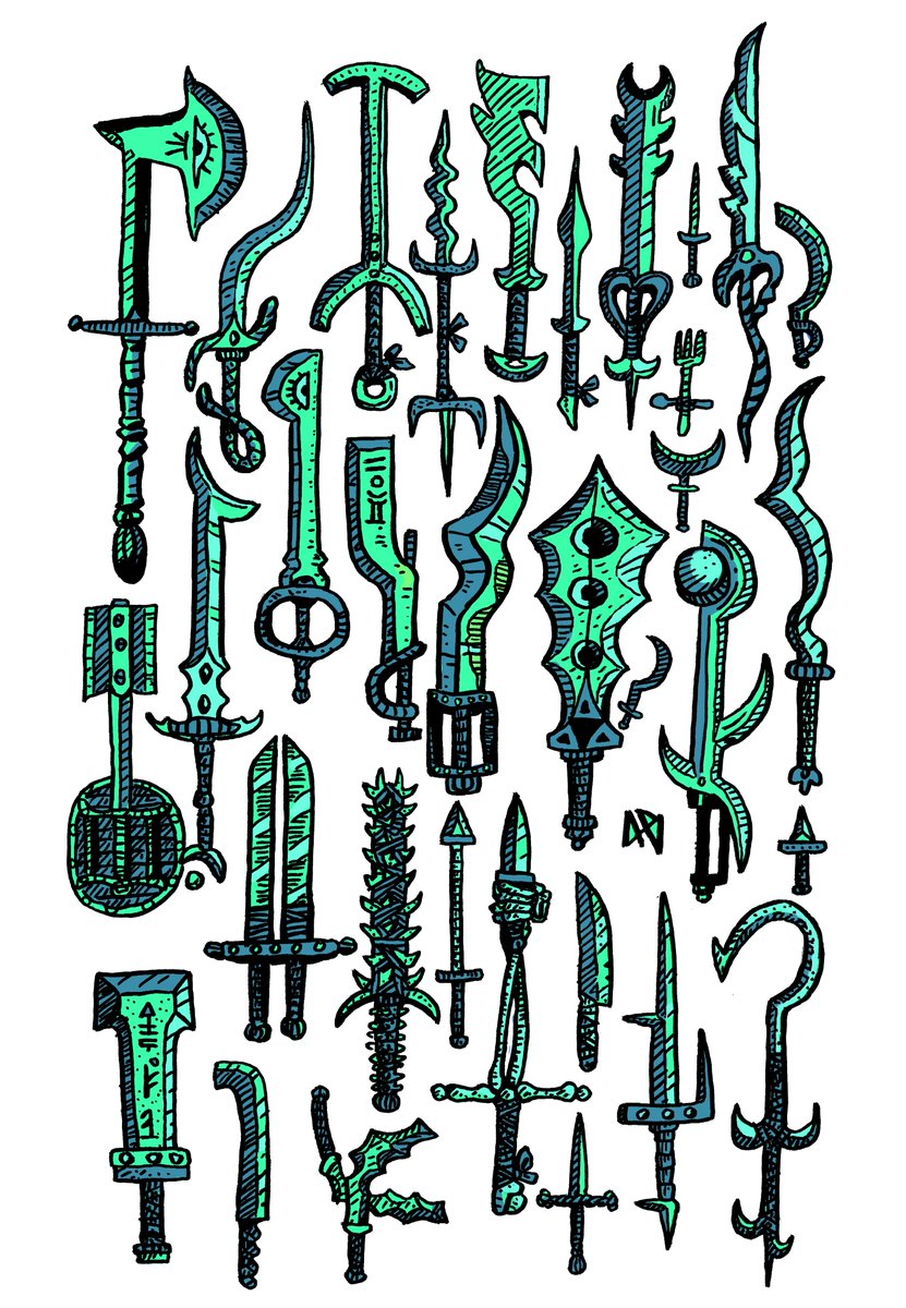 GnarledMonster's tweet photo. Have my crazy swords now in yellows, reds and greens ⚔️ #Swordtember #swordtember2020 #sketchbook #brushpen #freehanddrawings https://t.co/JQif1LYJld
