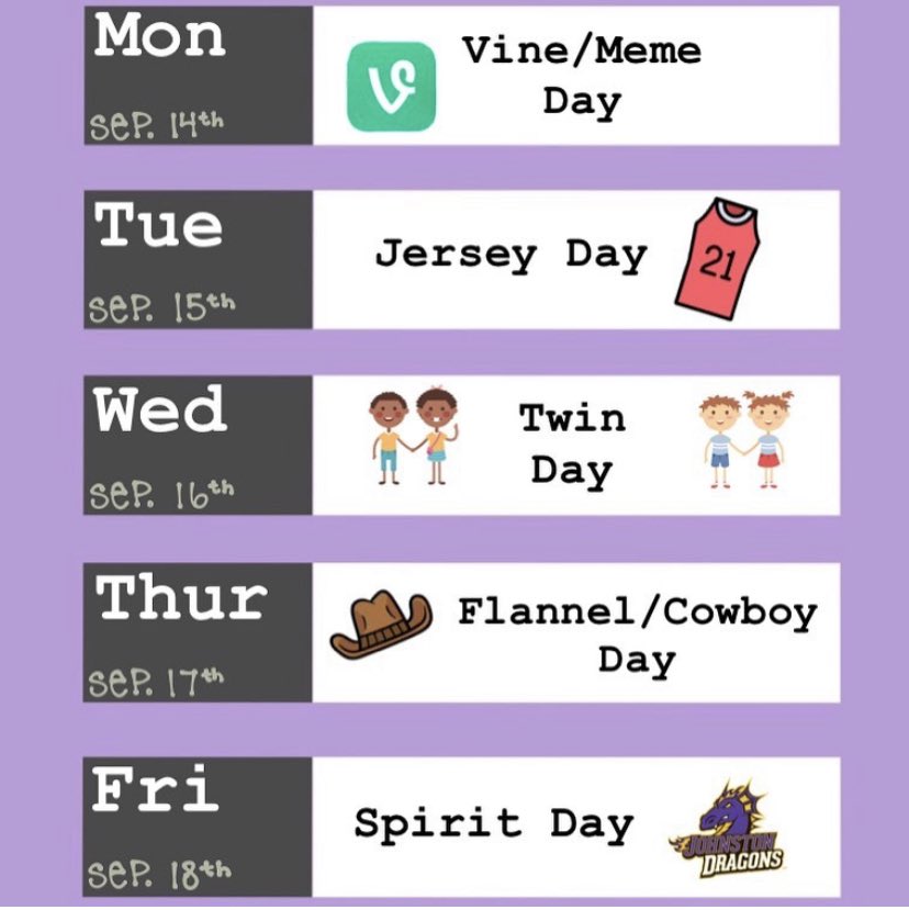Don’t forget to send in a photo of you in your costume for dress up days this week. Email Johnston.student.council@gmail.com for a chance to win a prize. Happy homecoming week!