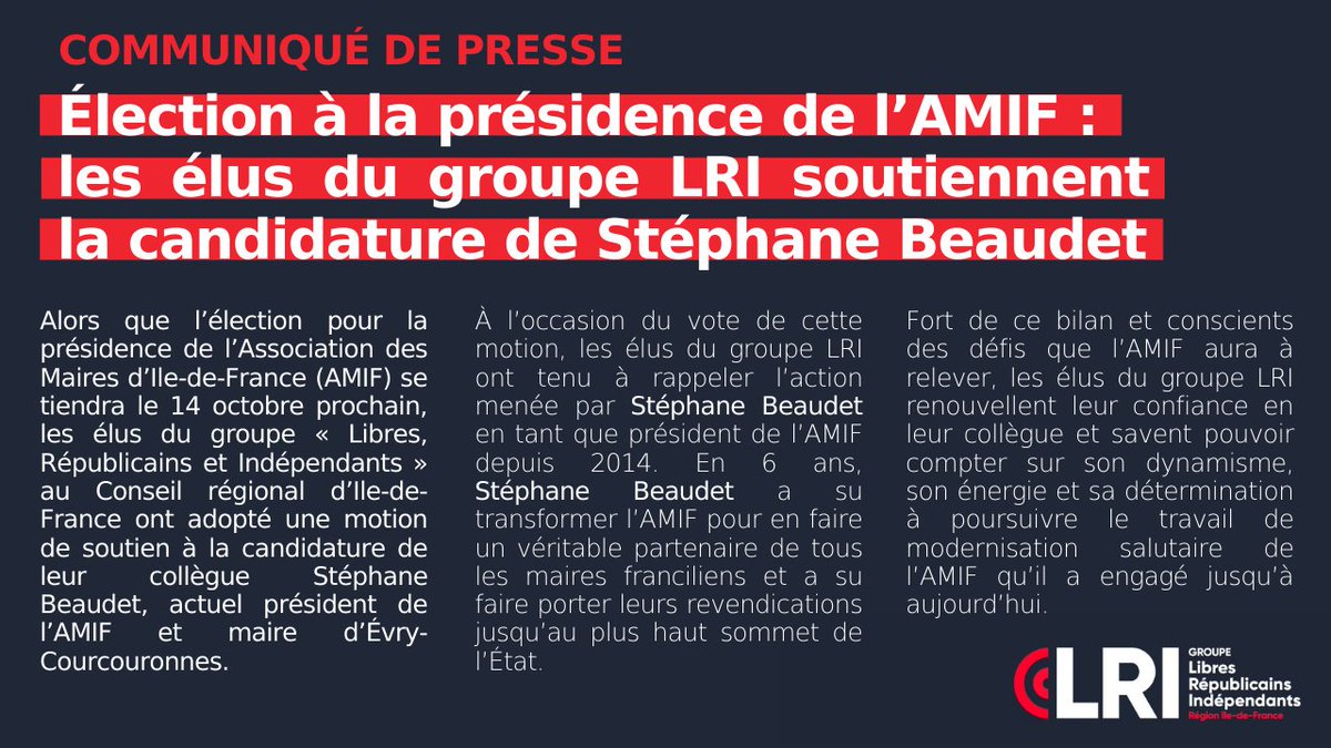IDF_Rassemblee's tweet photo. [présidence de l'AMIF] Les élus LRI au Conseil régional d'Ile-de-France soutiennent @beaudetstephane : "Nous savons pouvoir compter sur son dynamisme, son énergie et sa détermination à poursuivre le travail de modernisation salutaire de l’AMIF qu’il a engagé jusqu’à aujourd’hui." https://t.co/k75yaT0XFY