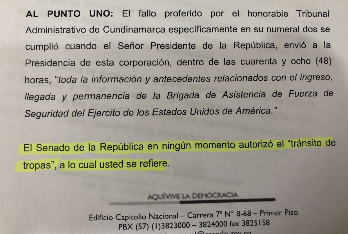JERobledo's tweet photo. El que miente es usted, señor ministro, usted lo sabe, y así lo certifica el secretario del Senado.
Porque el Senado nunca aprobó que @IvanDuque autorizara tropas de EEUU en Colombia, como usted dijo, engañando.
Estas son las pruebas. 
Debe renunciar a su cargo!!! https://t.co/62DTsM0R8z