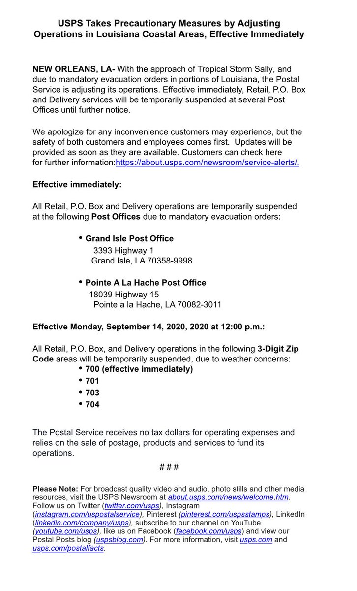 🚨With the approach of Tropical Storm Sally and mandatory evacuation orders in portions of Louisiana, <a href="/USPS/">U.S. Postal Service</a> is adjusting its operations in ZIP Code areas 700 (effective immediately)701, 703 and 704 until further notice. about.usps.com/newsroom/local…