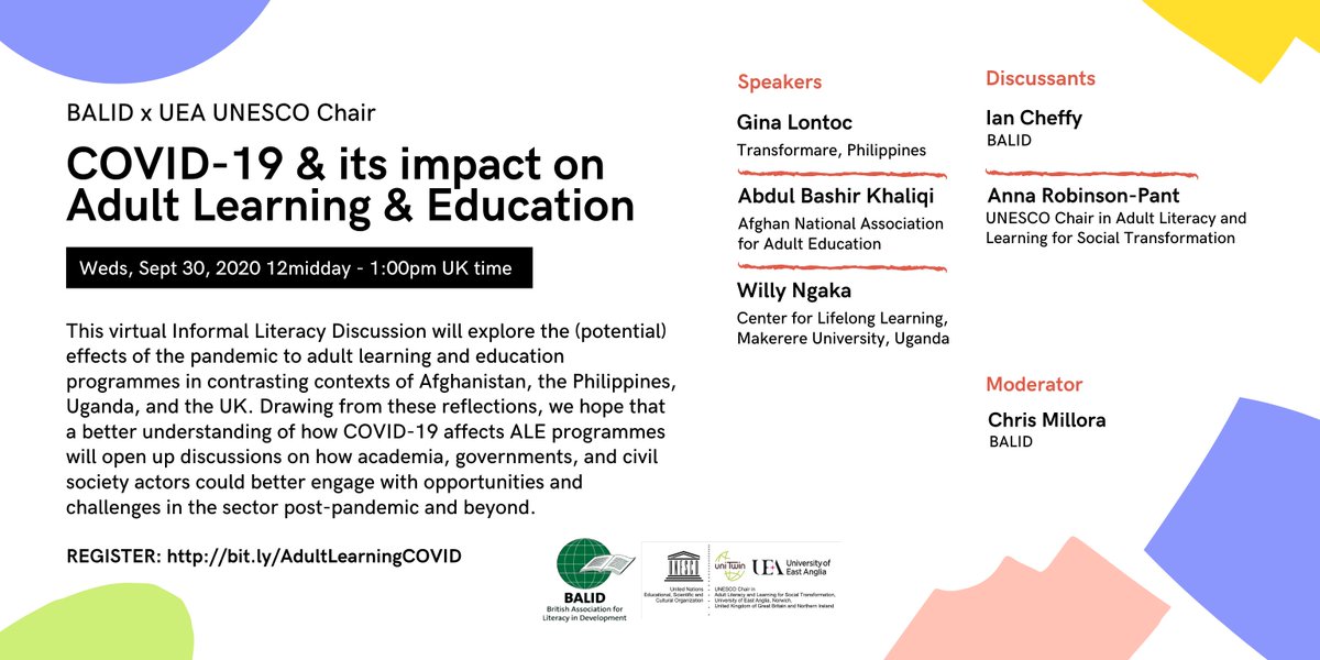 📢We're holding our 2nd #InformalLiteracyDiscussion on '#COVID-19 &amp; its impact on #AdultLearning &amp; Education' w/ reflections fr the Philippines, Afghanistan, Uganda &amp; the UK. Co-hosted by <a href="/UNESCOChair_UEA/">UEA UNESCO Chair</a>!

Join us 30 Sept, 12-1pm (UK time)!
Register here: bit.ly/AdultLearningC…