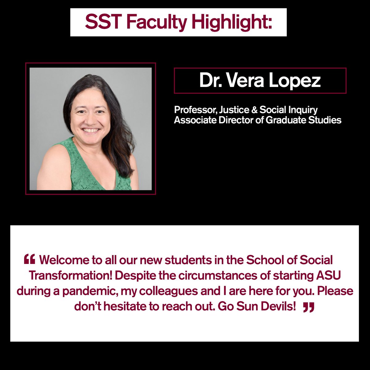 ASUSST's tweet photo. 🌟Professor Highlight of the Week🌟 Dr. Vera Lopez! #SSTHighlight https://t.co/YyNq4LDaRe