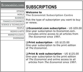 The Economist used to offer three subscription options. 1— Online only for $59 2— Print only for $1253— Print + Web for $125In a study done on MIT students, 84 out of 100 chose option 3. The only point of option 2 is to anchor the reader and make option 3 look like a deal.