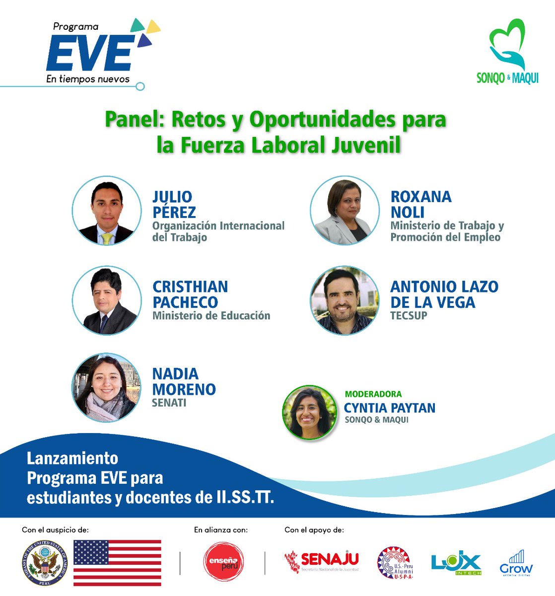 SonqoMaqui's tweet photo. #Lanzamiento #ProgramaEVE
El sábado 12 presentamos el Programa Empleabilidad y Vinculación Educativa (EVE) a través de un panel con representantes de la @OITnoticias, @MineduPeru , @MTPE_Peru , @SENATI_PERU, y @Tecsup_pe.
Los retos y desafíos de la fuerza laboral juvenil. https://t.co/OsJLa62WOn
