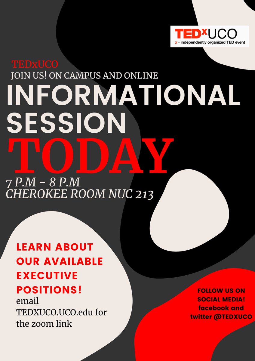 Come hang with us at the TEDxUCO event via zoom or on campus today at 7 in the Cherokee room NUC!