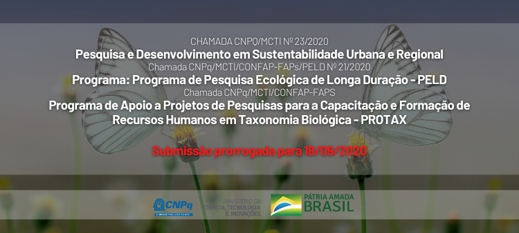 CNPq_Oficial's tweet photo. Devido à instabilidade da Plataforma Integrada Carlos Chagas, o CNPq prorrogou a submissão de propostas das Chamadas Pesquisa e Desenvolvimento em Sustentabilidade Urbana e Regional; #PELD e #PROTAX. 

A nova data limite é 18/09.

Saiba mais: https://t.co/1FJO1eweNY https://t.co/GZWuQWaXaU