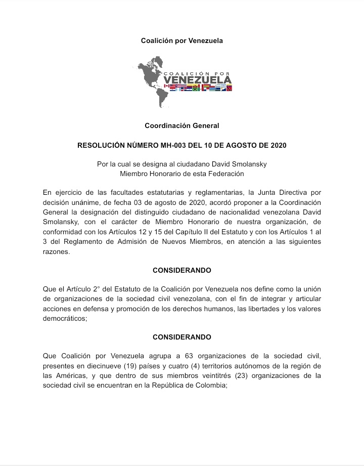 coalicionve's tweet photo. Resolución de la Coordinación General de @coalicionve por la cual se designa a @dsmolansky Miembro Honorario de esta Federación.

Un reconocimiento al liderazgo y gestión en la incidencia para la atención e integración de migrantes y refugiados en la región. https://t.co/KgvYCGY1il