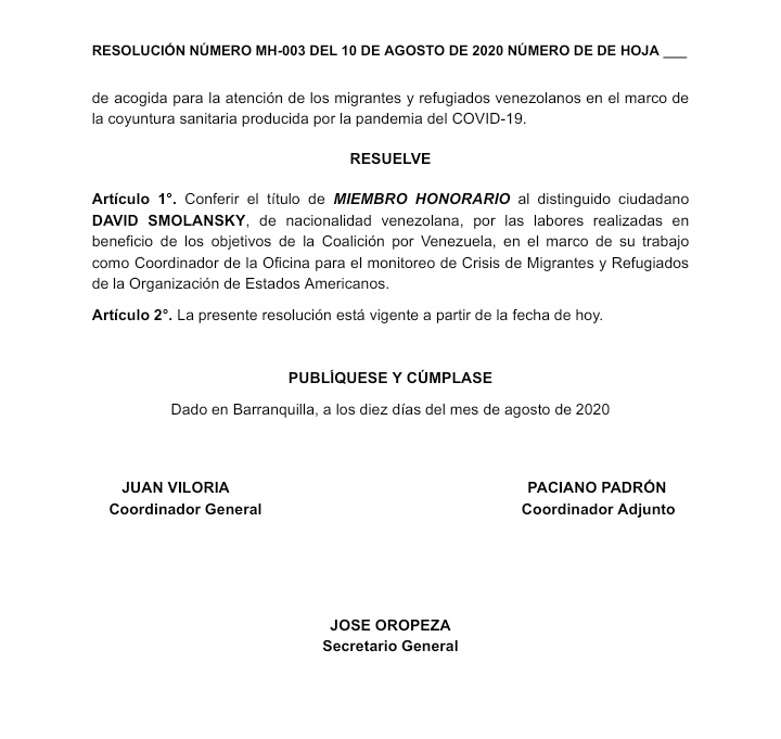 coalicionve's tweet photo. Resolución de la Coordinación General de @coalicionve por la cual se designa a @dsmolansky Miembro Honorario de esta Federación.

Un reconocimiento al liderazgo y gestión en la incidencia para la atención e integración de migrantes y refugiados en la región. https://t.co/KgvYCGY1il