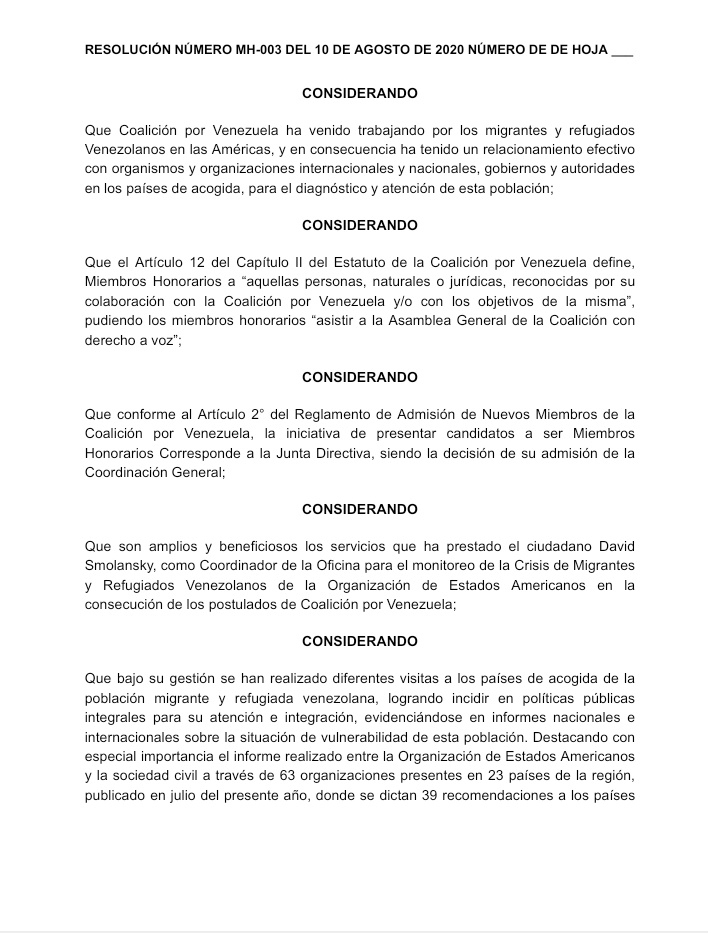 coalicionve's tweet photo. Resolución de la Coordinación General de @coalicionve por la cual se designa a @dsmolansky Miembro Honorario de esta Federación.

Un reconocimiento al liderazgo y gestión en la incidencia para la atención e integración de migrantes y refugiados en la región. https://t.co/KgvYCGY1il