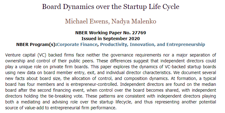 nberpubs's tweet image. Boards of directors at startups experience significant shifts in control as firms mature, while the independent directors play a mediating role between the venture capitalists and entrepreneur, from @startupecon and Nadya Malenko
nber.org/papers/w27769