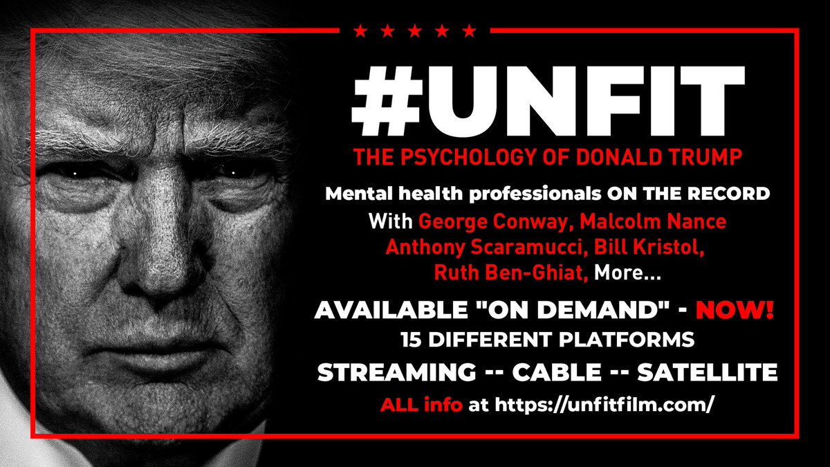 BarbraStreisand's tweet photo. #UNFIT is a powerful film. Experts, on film, for the record, about a very dangerous man. Trump can't stop this - the film is now #1 in docs on Apple. It's the FULL TRUTH about his pathology. Everyone needs to see this and spread the word!
https://t.co/jj5q5cr5jQ https://t.co/0kVasLbAVD