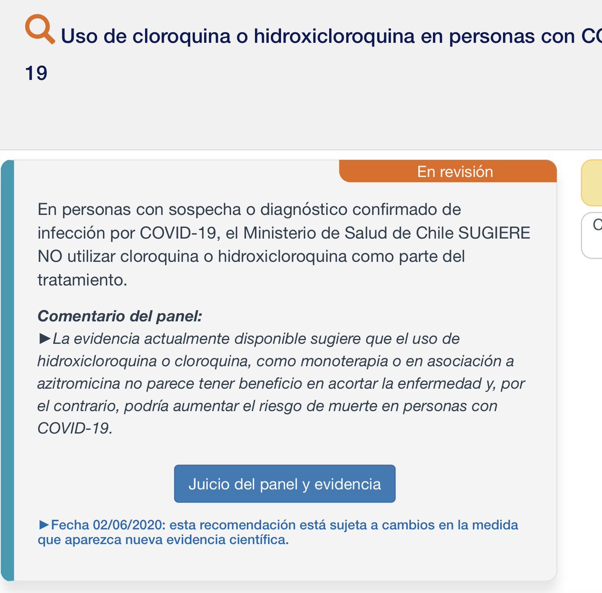 Chili Ministerio de Salud (Health Ministry)  @ministeriosalud NE pas utiliser(el Ministerio de Salud de Chile SUGIERE NO utilizar cloroquina o hidroxicloroquina) https://diprece.minsal.cl/temas-de-salud/temas-de-salud/guias-clinicas-no-ges/guias-clinicas-no-ges-enfermedades-transmisibles/covid-19/recomendaciones/