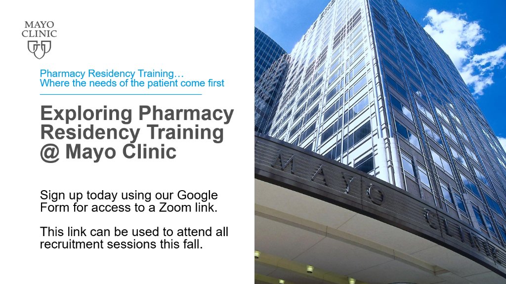 MayoPharmRes's tweet photo. We are excited to announce our first virtual residency information sessions!

To learn about our programs and connect with RPDs and residents, sign up for access to our Zoom link here: https://t.co/hwGihYv3De

#TwitteRx #PharmRes #RxStudents @ASHPOfficial https://t.co/TVXaCtimwE