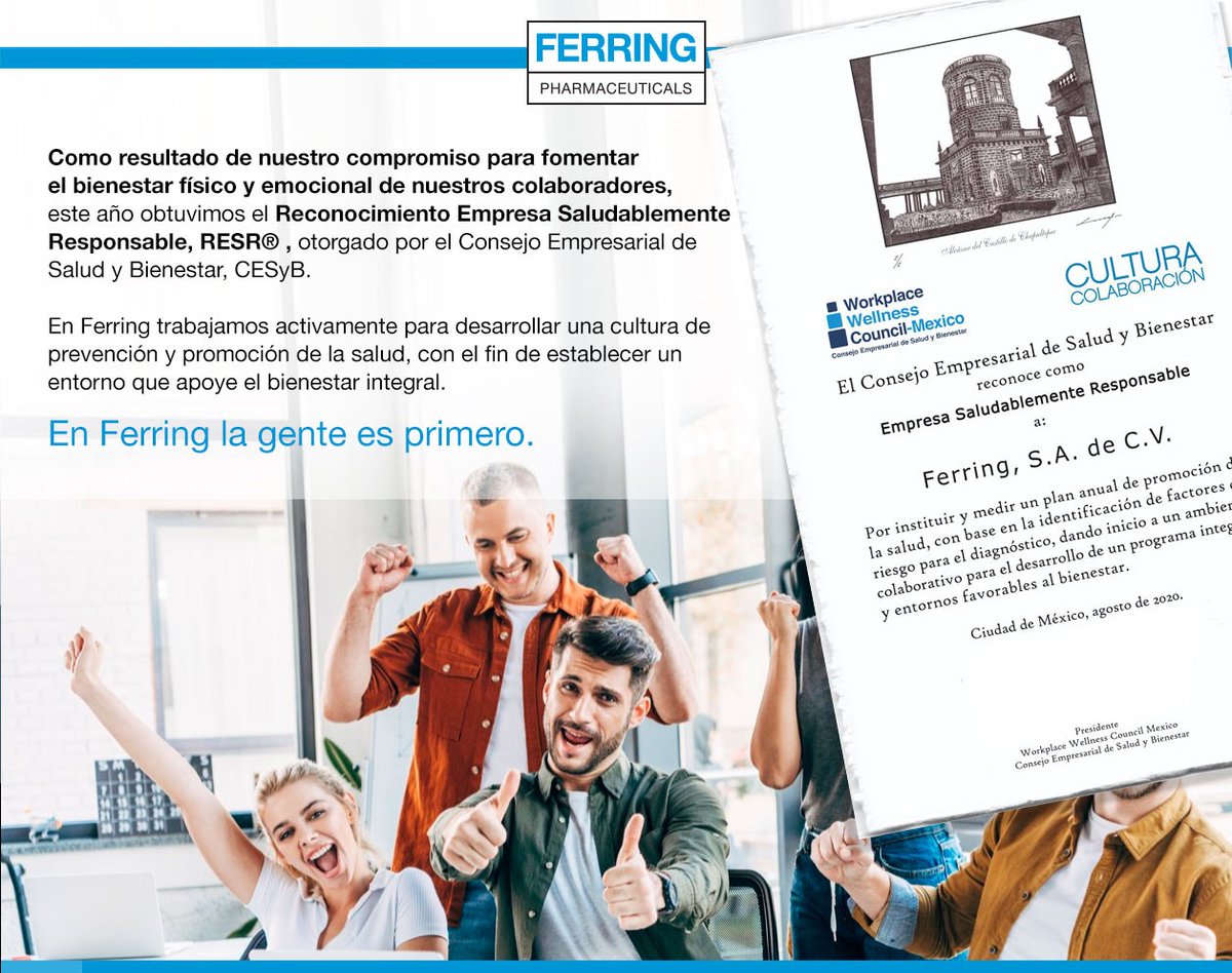 ferringmx's tweet photo. En @ferringmx la gente es primero y trabajamos para desarrollar una cultura de promoción y prevención de la salud. Este año hemos obtenido el reconocimiento de Empresa Saludablemente Responsable #RESR por parte del Consejo Empresarial de Salud y Bienestar @wellnesscmexico https://t.co/LmLrBmS5vc