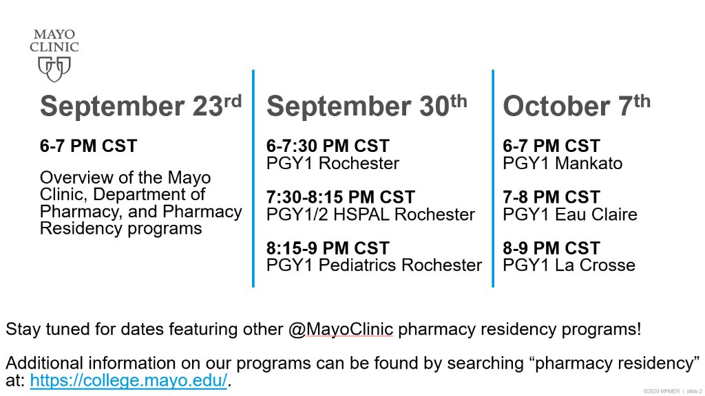 MayoPharmRes's tweet photo. We are excited to announce our first virtual residency information sessions!

To learn about our programs and connect with RPDs and residents, sign up for access to our Zoom link here: https://t.co/hwGihYv3De

#TwitteRx #PharmRes #RxStudents @ASHPOfficial https://t.co/TVXaCtimwE