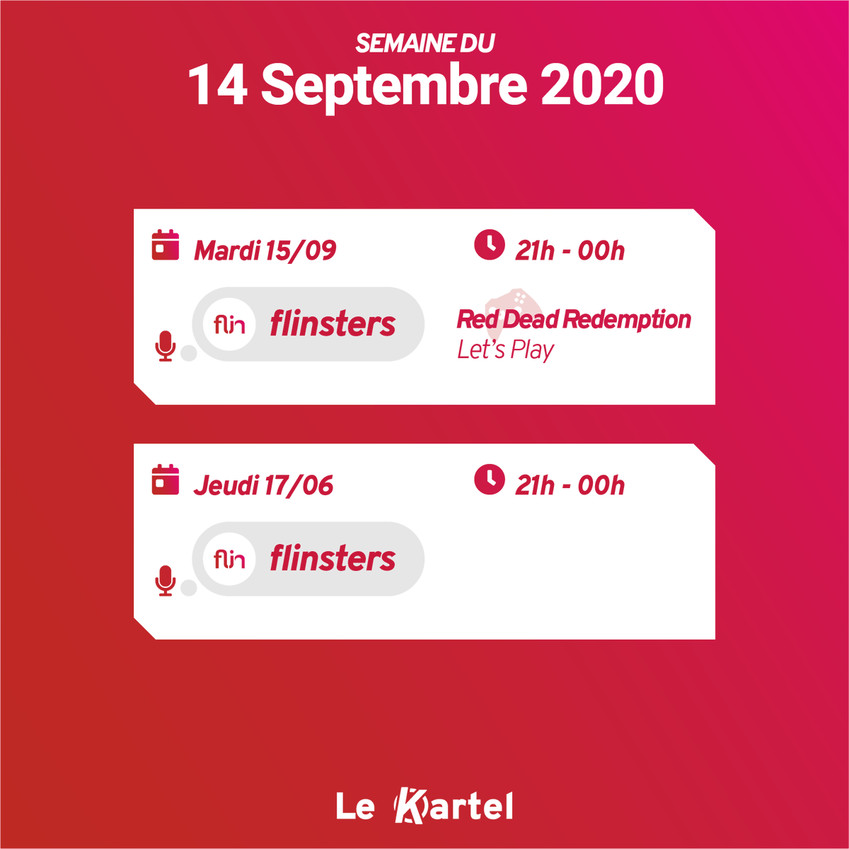 LeKartelTV's tweet image. 🚨 Coucou voici la programmation des lives de la semaine sur @LeKartelTV 👉 bit.ly/LeKartelTV

Cette semaine c'est du full @Flinsters ! Les autres ont des impératifs IRL, et comme on dit toujours : #IRLFirst !

On commence demain à 21h : #LetsPlay sur #RedDeadRedemption2 !