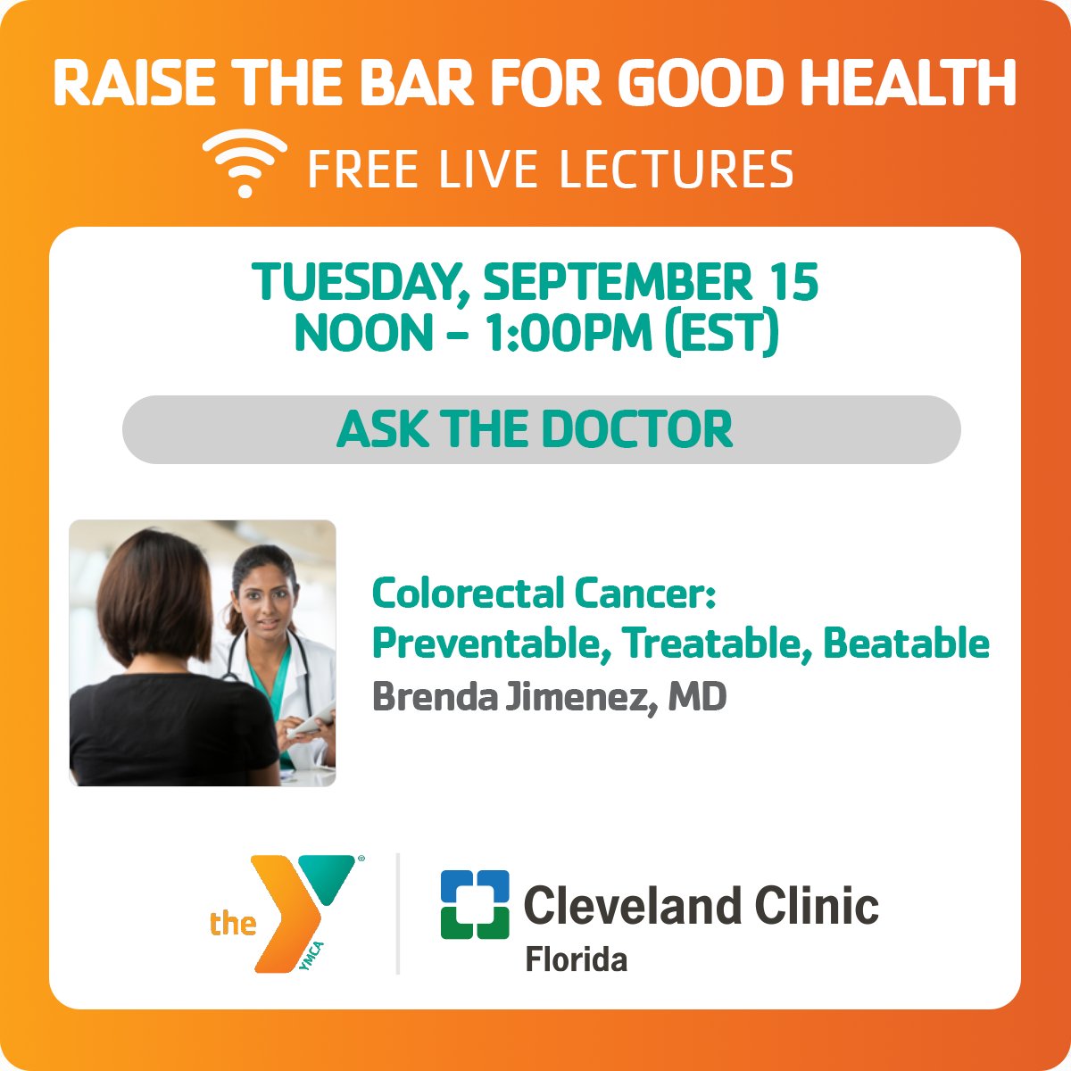 CleveClinicFL's tweet photo. Join the @ymcasoflo and Brenda Jimenez, MD, Cleveland Clinic Florida #gastroenterologist, tomorrow at noon for a #virtualhealthtalk on #colorectalcancer.
Register here: https://t.co/zroGeK7avu @JimenezBGIMD #CleveClinicFL https://t.co/AZDuAzJRt5